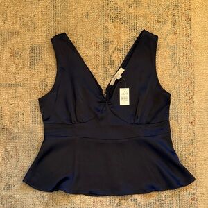 LOFT Navy Satin V-Neck Peplum Top